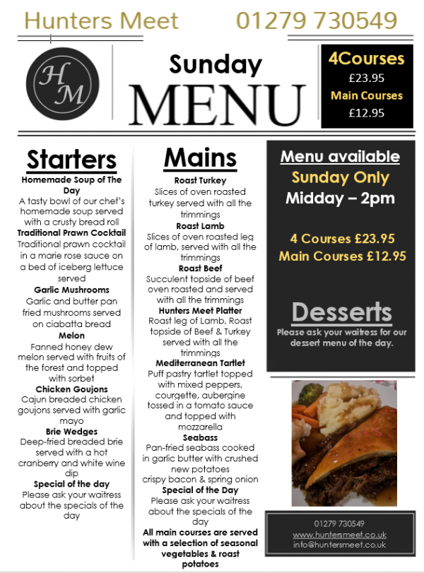 Sunday Lunch Menu Hunters Meet Hotel near Stansted Airport, Hertfordshire